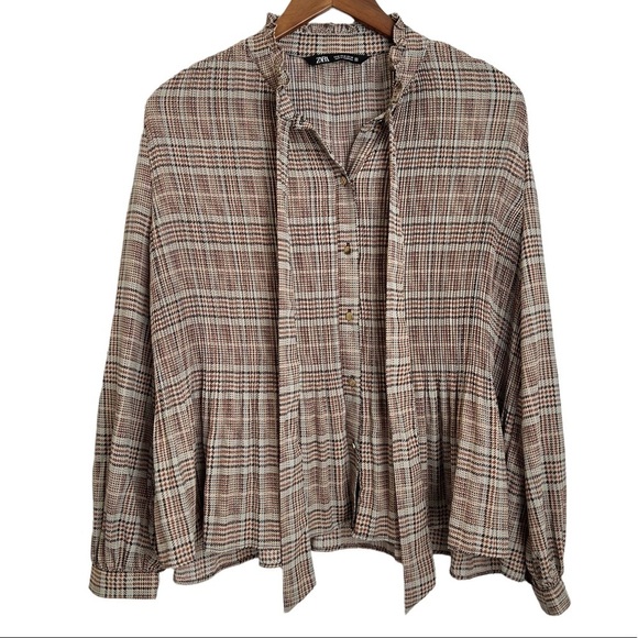 Zara Long Sleeve Plaid Houndstooth Academia Style Tie Neck Blouse - Picture 2 of 7